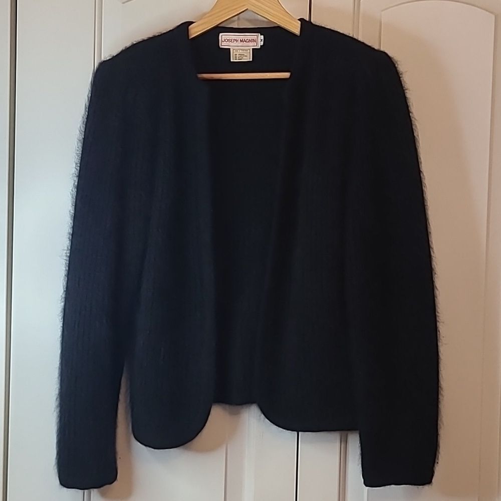JOSEPH MAGNIN Angora Vintage Black Ribbed Cardigan Sweater Size M